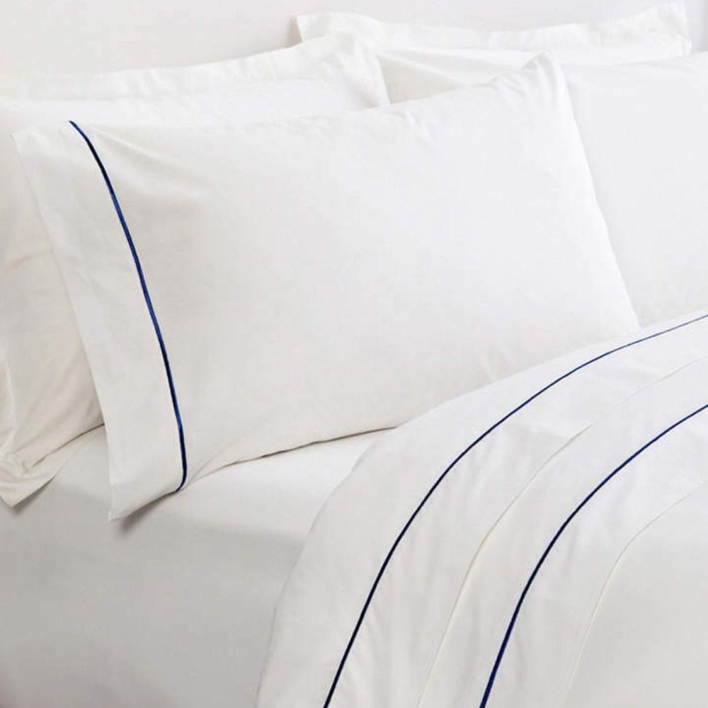 FRETTE ONE BOURDON KING 4 PIECE SHEET SET PERCALE WHITE/NAVY